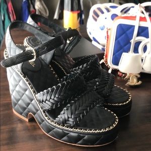 Chanel black leather sandal stacked wedge black 39